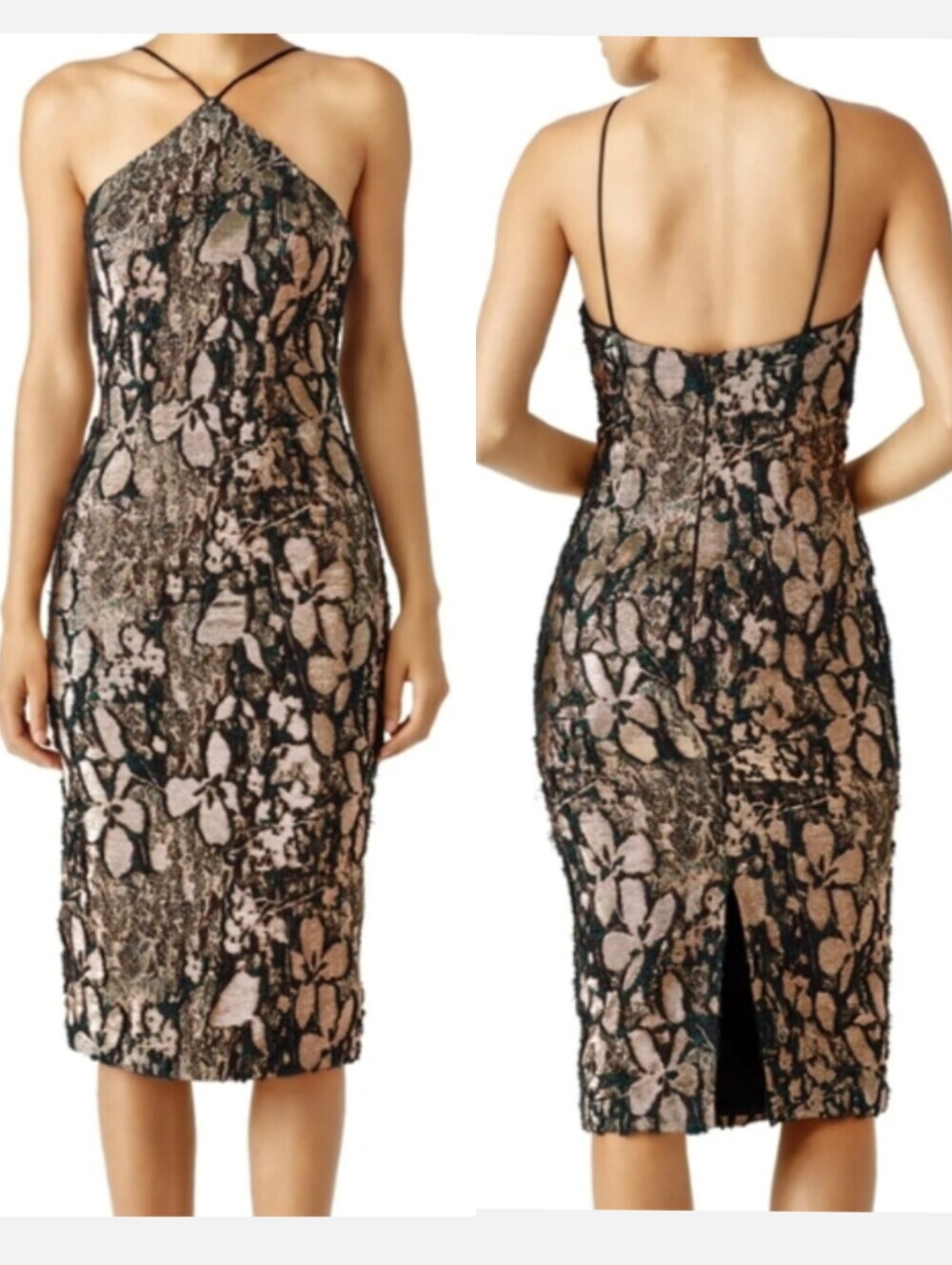 Theia Halter Neck Jacquard Pencil Dress